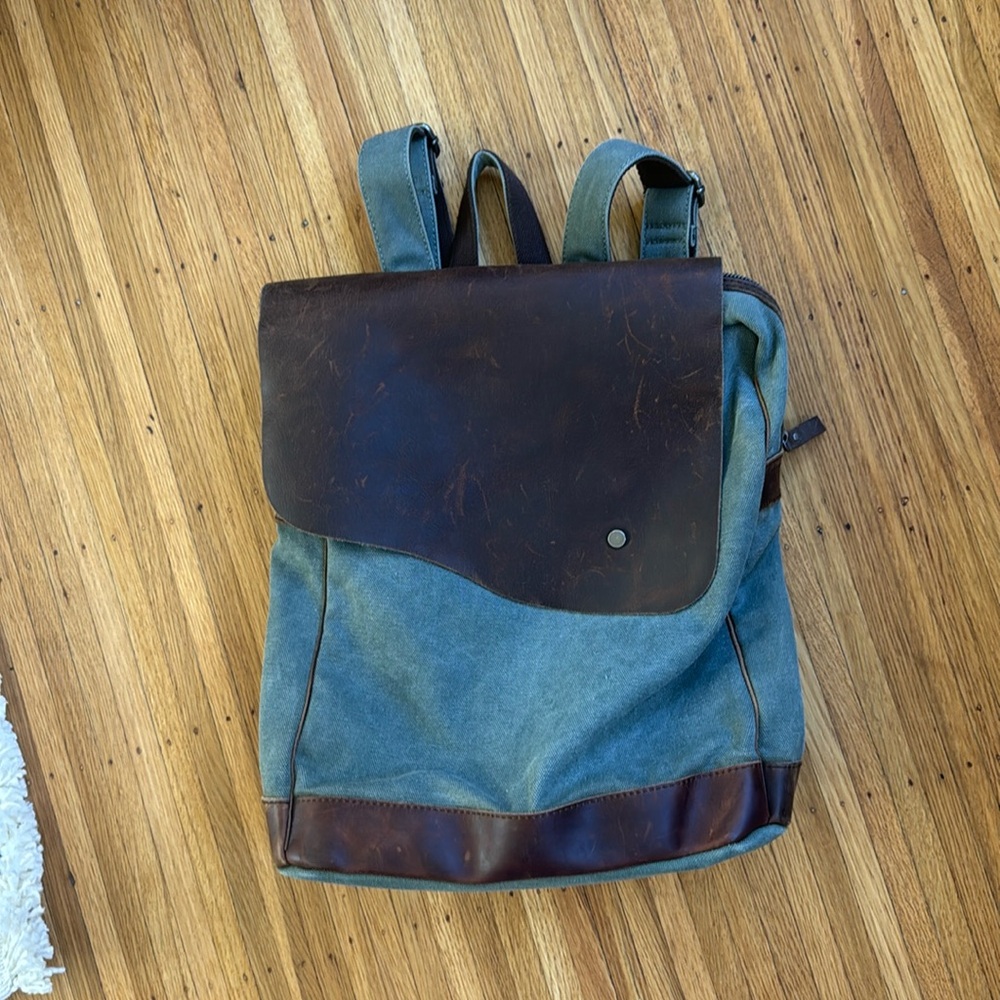 Canvas and Leather Flap Backpack - Teal Blue